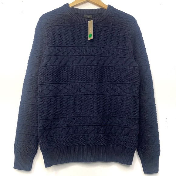 J Crew Men’s Guernsy Stitch Navy Blue Heavy Cotton Crewneck Sweater Size XS NWT - Picture 2 of 10
